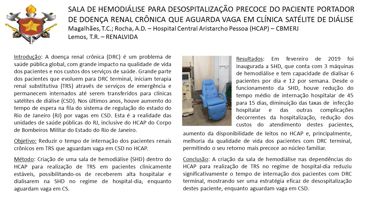 SALA DE HEMODIÁLISE PARA DESOSPITALIZAÇÃO PRECOCE DO PACIENTE PORTADOR DE DOENÇA RENAL CRÔNICA QUE AGUARDA VAGA EM CLINICA SATÉLITE DE DIALISE