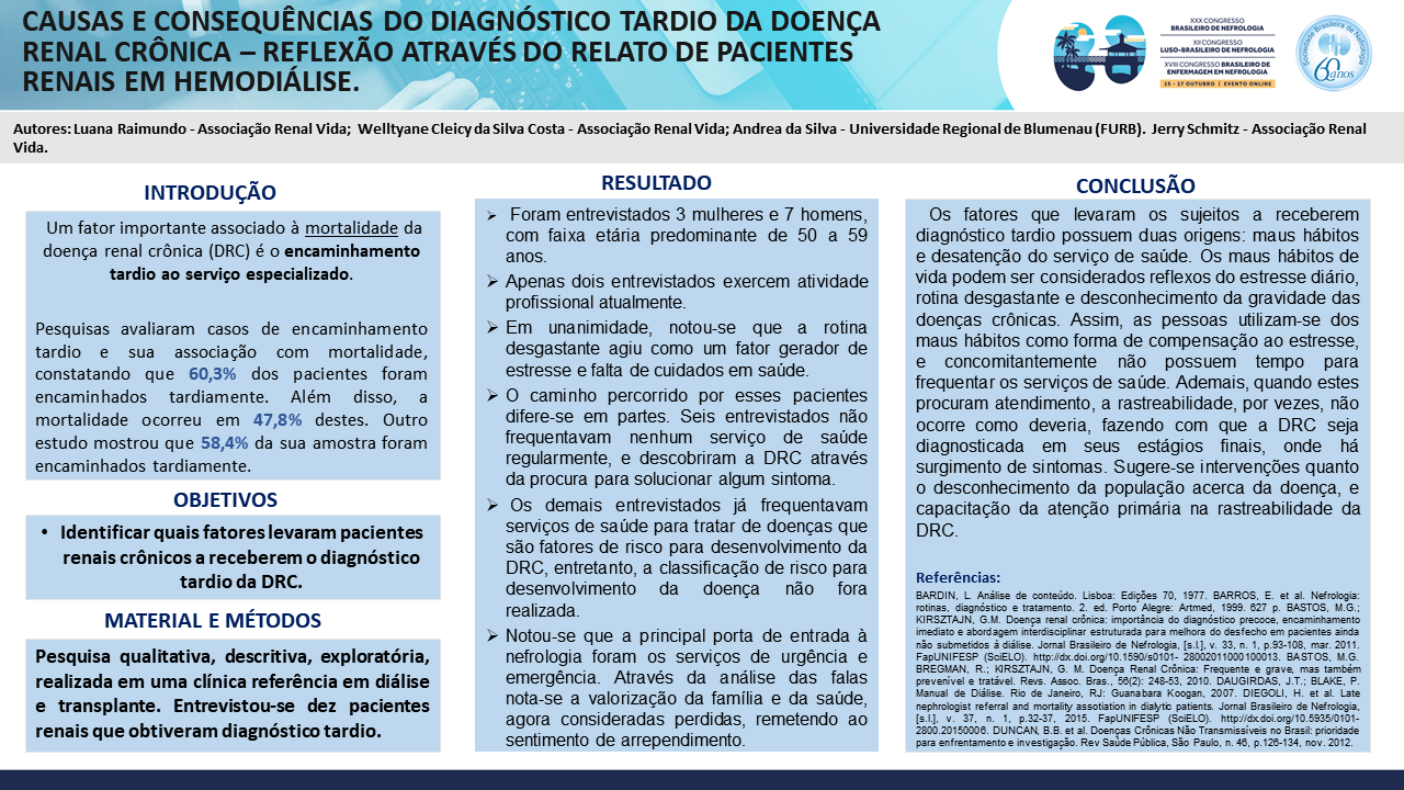 CAUSAS E CONSEQUÊNCIAS DO DIAGNÓSTICO TARDIO DA DOENÇA RENAL CRÔNICA – REFLEXÃO ATRAVÉS DO RELATO DE PACIENTES RENAIS EM HEMODIÁLISE