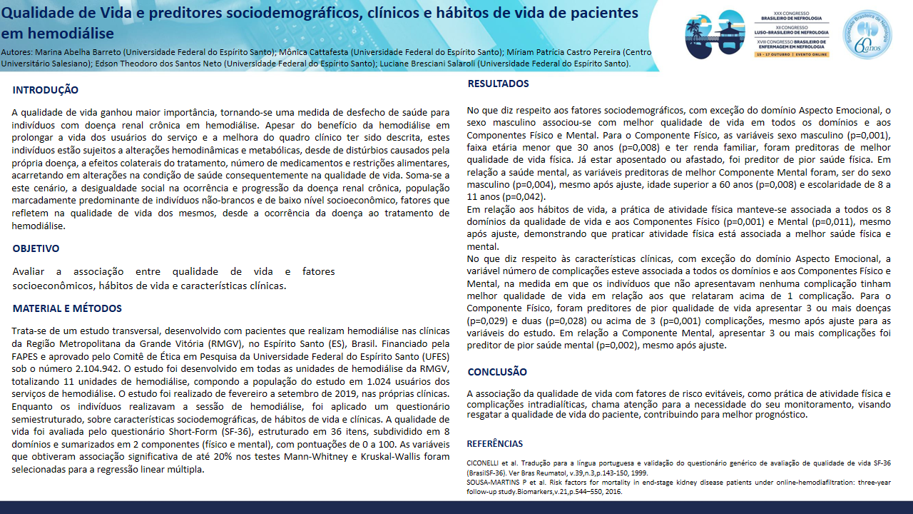 QUALIDADE DE VIDA E PREDITORES SOCIODEMOGRÁFICOS, CLÍNICOS E DE HÁBITOS DE VIDA DE PACIENTES EM HEMODIÁLISE.