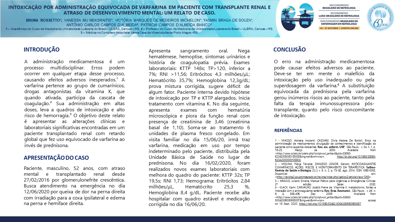 INTOXICAÇÃO POR ADMINISTRAÇÃO EQUIVOCADA DE VARFARINA EM PACIENTE COM TRANSPLANTE RENAL E ATRASO DE DESENVOLVIMENTO MENTAL: UM RELATO DE CASO.