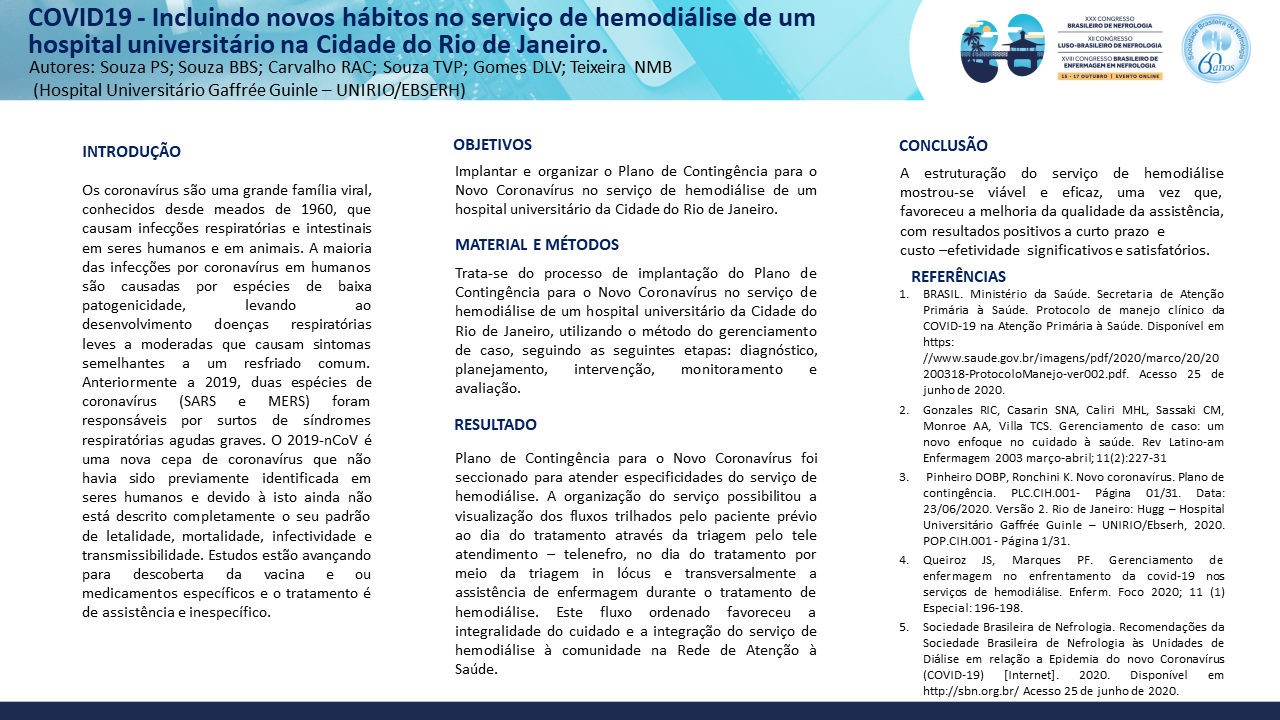 COVID19 - INCLUINDO NOVOS HÁBITOS NO SERVIÇO DE HEMODIÁLISE DE UM HOSPITAL UNIVERSITÁRIO NA CIDADE DO RIO DE JANEIRO.