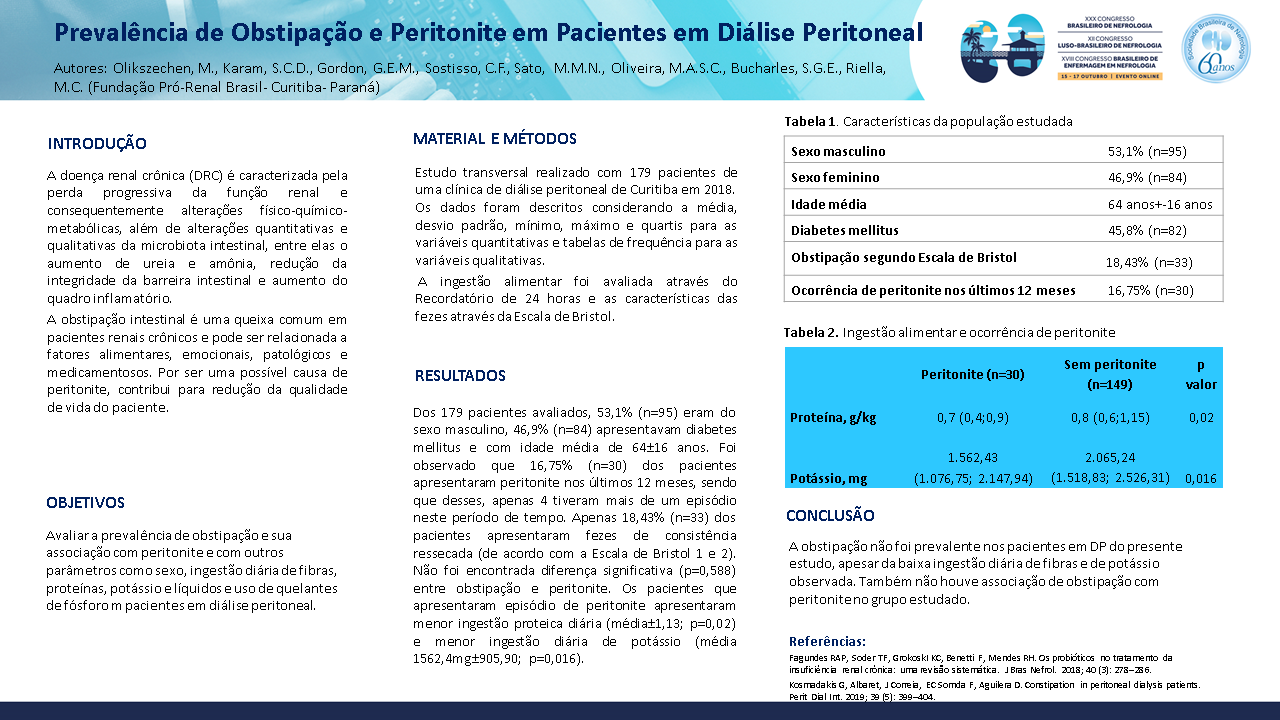 PREVALÊNCIA DE OBSTIPAÇÃO E PERITONITE EM PACIENTES EM DIÁLISE PERITONEAL