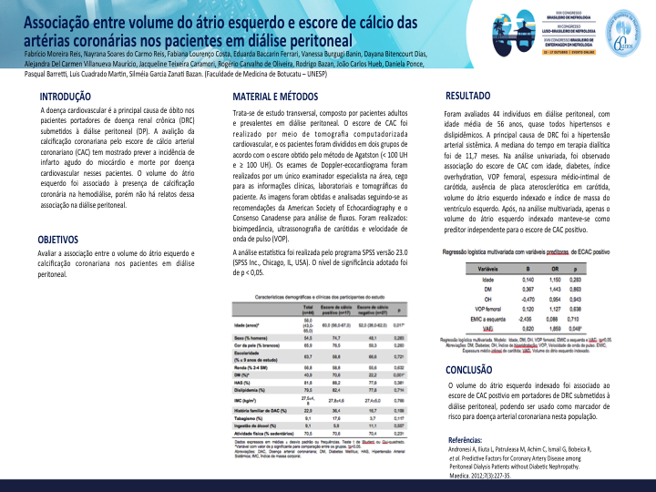 ASSOCIAC_A_O ENTRE VOLUME DO A_TRIO ESQUERDO E ESCORE DE CA_LCIO DAS ARTE_RIAS CORONA_RIAS NOS PACIENTES EM DIA_LISE PERITONEAL