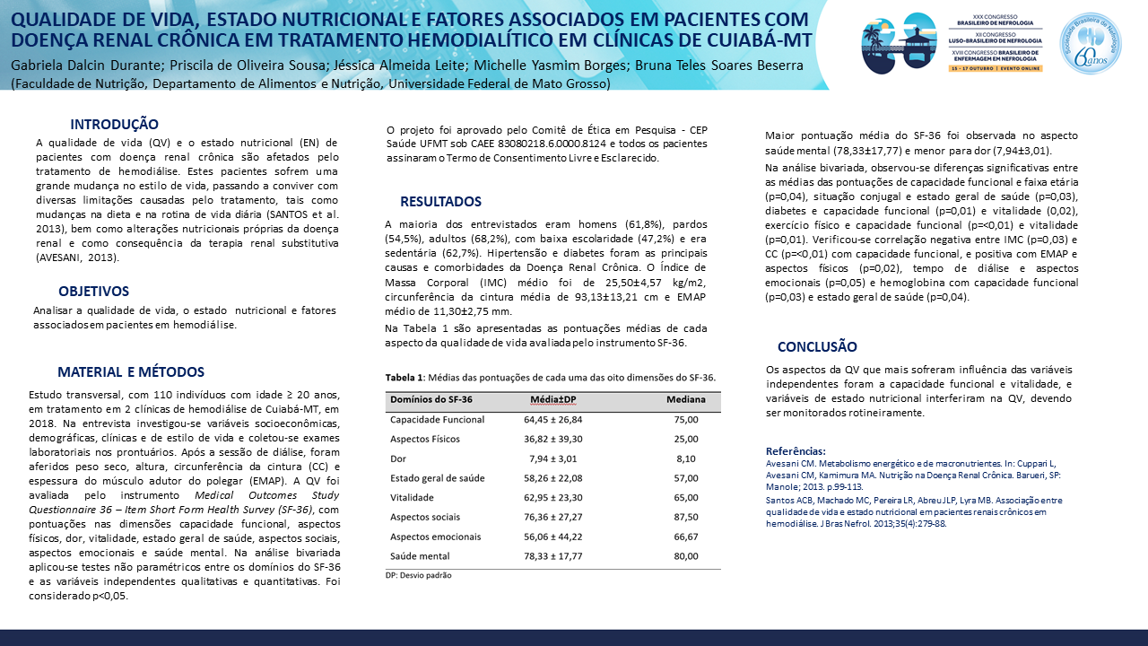 QUALIDADE DE VIDA, ESTADO NUTRICIONAL E FATORES ASSOCIADOS EM PACIENTES COM DOENÇA RENAL CRÔNICA EM TRATAMENTO HEMODIALÍTICO EM CLÍNICAS DE CUIABÁ-MT