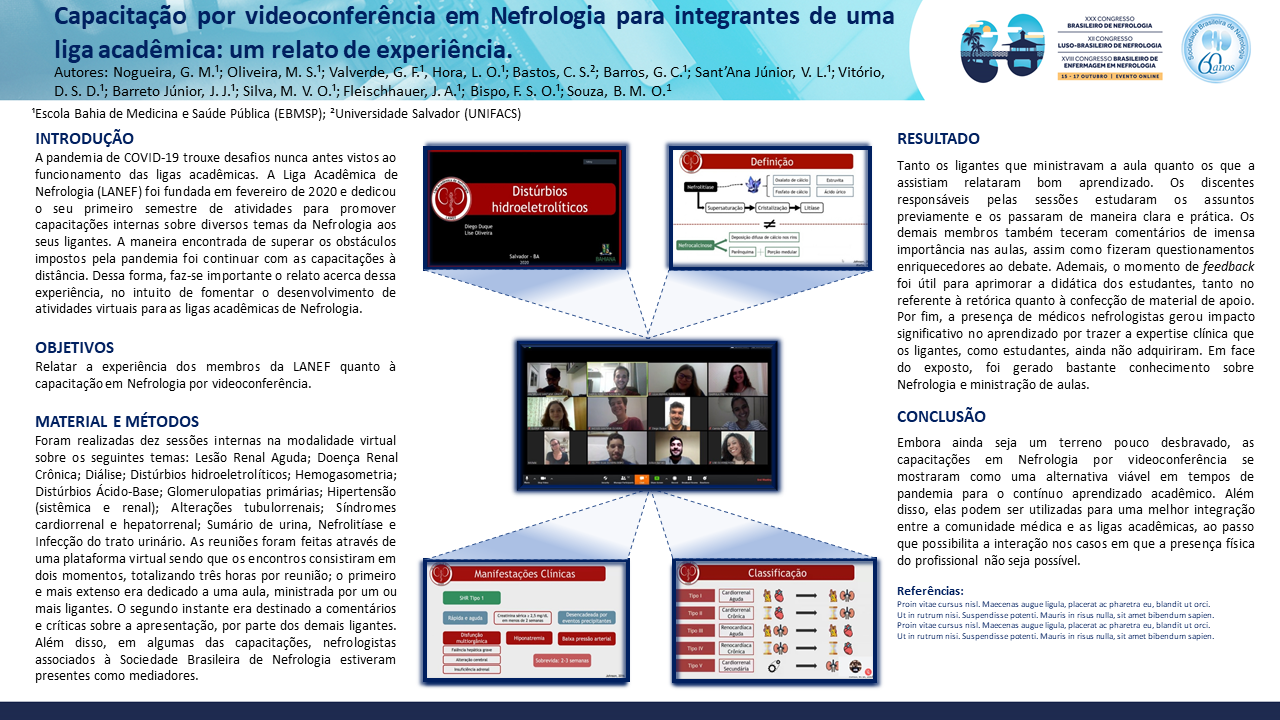 CAPACITAÇÃO POR VIDEOCONFERÊNCIA EM NEFROLOGIA PARA INTEGRANTES DE UMA LIGA ACADÊMICA: UM RELATO DE EXPERIÊNCIA.