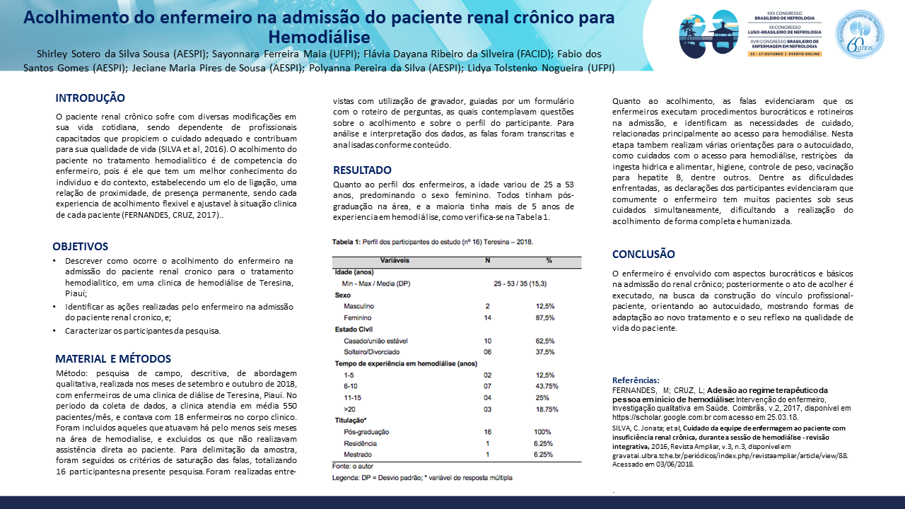 ACOLHIMENTO DO ENFERMEIRO NA ADMISSÃO DO PACIENTE RENAL CRONICO PARA HEMODIÁLISE