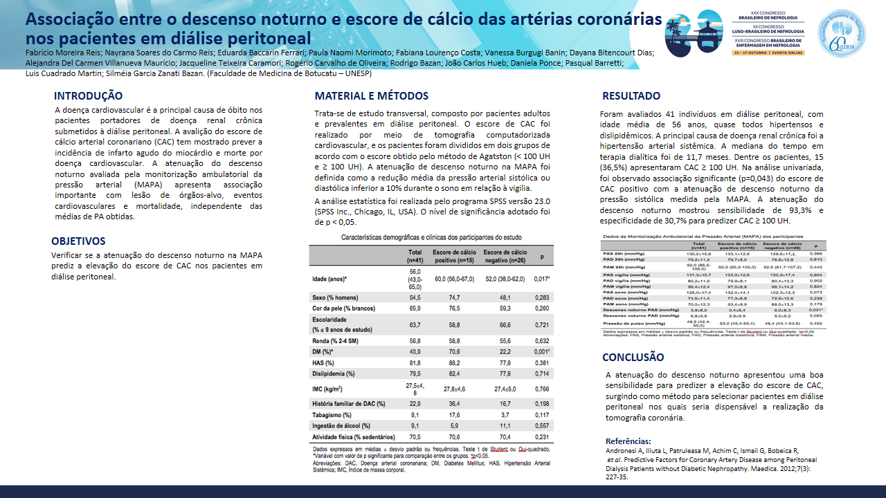 ASSOCIAÇÃO ENTRE O DESCENSO NOTURNO E ESCORE DE CÁLCIO DAS ARTÉRIAS CORONÁRIAS NOS PACIENTES EM DIÁLISE PERITONEAL