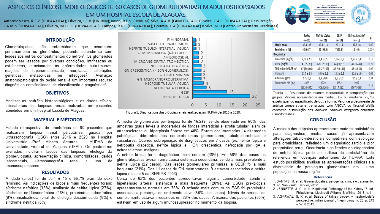 ASPECTOS CLÍNICOS E MORFOLÓGICOS DE 60 CASOS DE GLOMERULOPATIAS EM ADULTOS BIOPSIADOS EM UM HOSPITAL ESCOLA DE ALAGOAS.