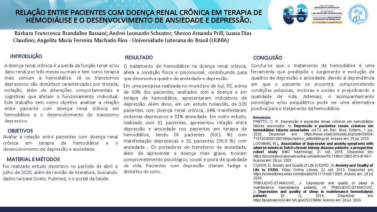 RELAÇÃO ENTRE PACIENTES COM DOENÇA RENAL CRÔNICA EM TERAPIA DE HEMODIÁLISE E O DESENVOLVIMENTO DE ANSIEDADE E DEPRESSÃO.