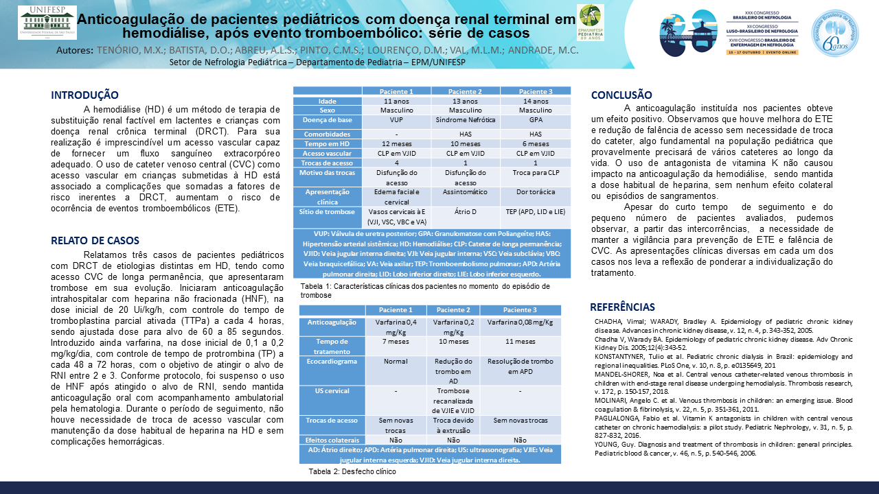 ANTICOAGULAÇÃO DE PACIENTES PEDIÁTRICOS COM DOENÇA RENAL TERMINAL EM HEMODIÁLISE, APÓS EVENTO TROMBOEMBÓLICO: SÉRIE DE CASOS