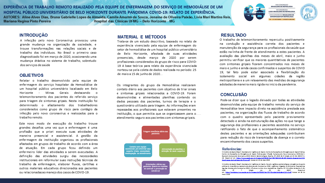 TRABALHO REMOTO REALIZADO PELA EQUIPE DE ENFERMAGEM DO SERVIÇO DE HEMODIÁLISE DE UM HOSPITAL PÚBLICO UNIVERSITÁRIO DE BELO HORIZONTE FRENTE À COVID-19: RELATO DE EXPERIÊNCIA