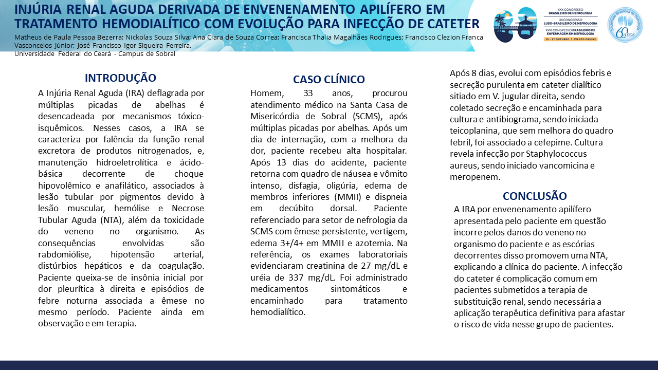 INJÚRIA RENAL AGUDA DERIVADA DE ENVENENAMENTO APILÍFERO EM TRATAMENTO HEMODIALÍTICO COM EVOLUÇÃO PARA INFECÇÃO DE CATETER