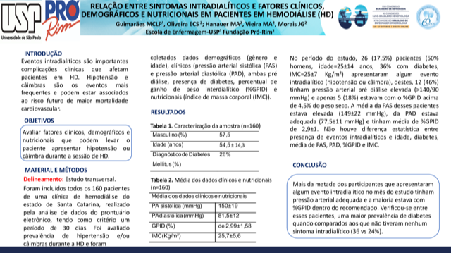 RELAÇÃO ENTRE EVENTOS INTRADIALÍTICOS E FATORES CLÍNICOS, DEMOGRÁFICOS E NUTRICIONAIS EM PACIENTES EM HEMODIÁLISE (HD)