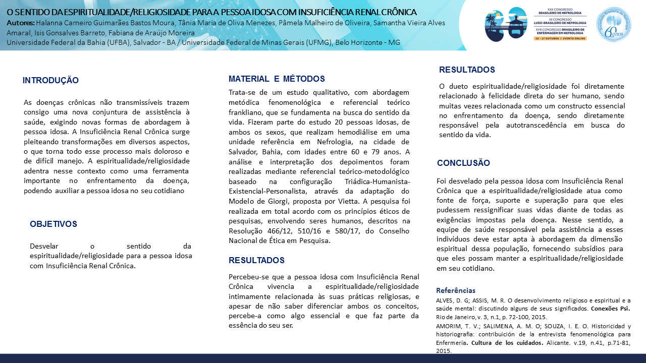 O SENTIDO DA ESPIRITUALIDADE/RELIGIOSIDADE PARA A PESSOA IDOSA COM INSUFICIÊNCIA RENAL CRÔNICA