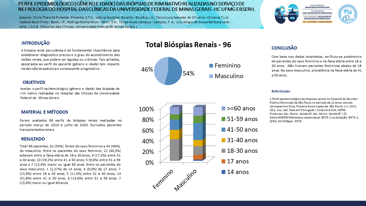 PERFIL EPIDEMIOLÓGICO (GÊNERO E IDADE) DAS BIÓPSIAS DE RIM NATIVO REALIZADAS NO SERVIÇO DE NEFROLOGIA DO HOSPITAL DAS CLÍNICAS DA UNIVERSIDADE FEDERAL DE MINAS GERAIS - HC UFMG EBSERH.