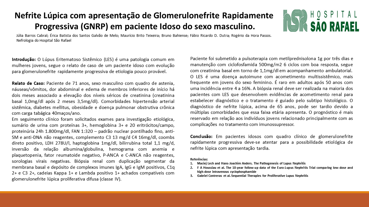 NEFRITE LÚPICA COM APRESENTAÇÃO DE GLOMERULONEFRITE RAPIDAMENTE PROGRESSIVA EM PACIENTE IDOSO DO SEXO MASCULINO