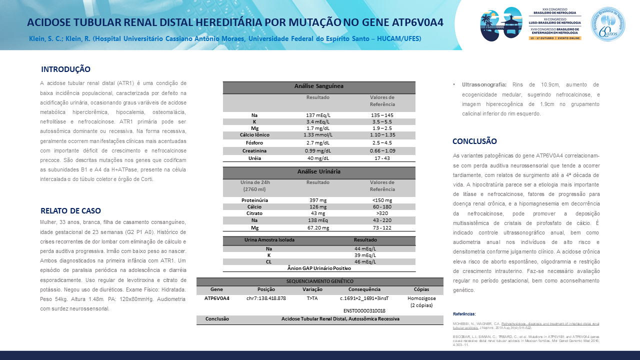 ACIDOSE TUBULAR RENAL DISTAL HEREDITÁRIA POR MUTAÇÃO NO GENE ATP6V0A4