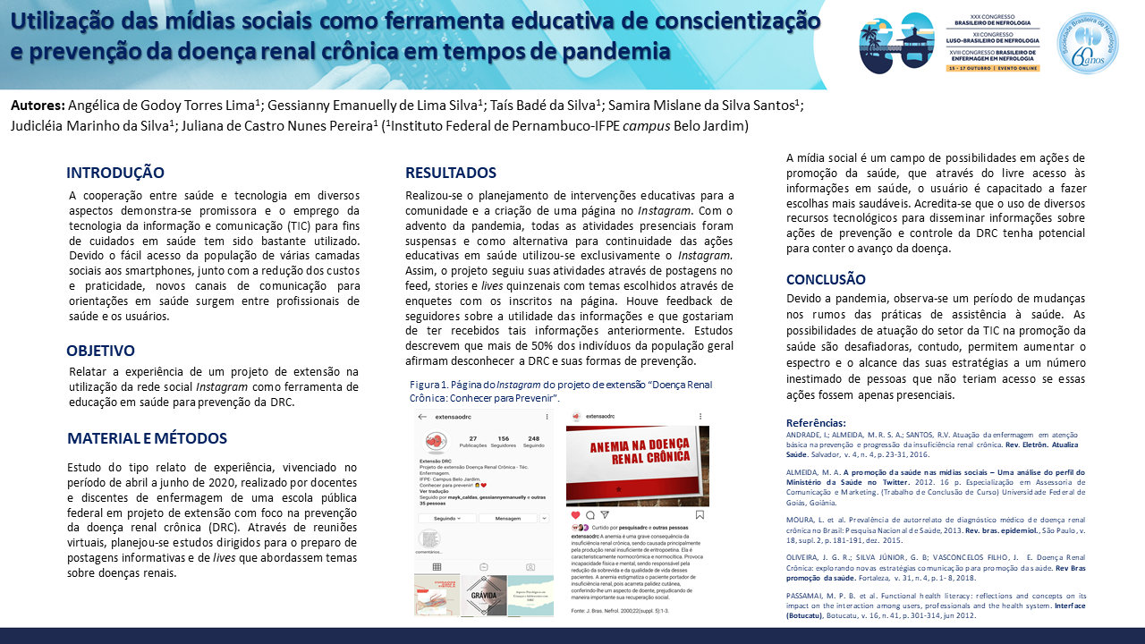 UTILIZAÇÃO DAS MÍDIAS SOCIAIS COMO FERRAMENTA EDUCATIVA DE CONSCIENTIZAÇÃO E PREVENÇÃO DA DOENÇA RENAL CRÔNICA EM TEMPOS DE PANDEMIA