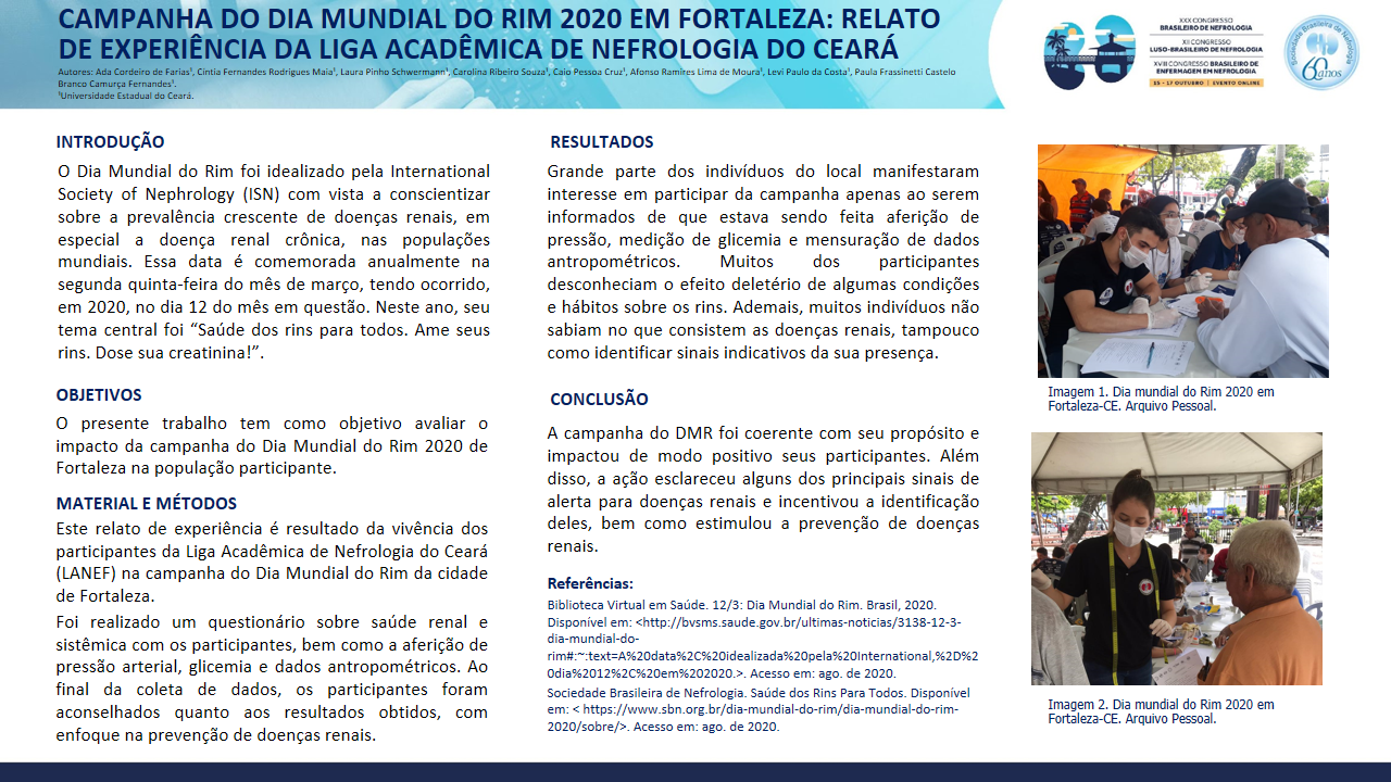 CAMPANHA DO DIA MUNDIAL DO RIM 2020 EM FORTALEZA: RELATO DE EXPERIÊNCIA DA LIGA ACADÊMICA DE NEFROLOGIA DO CEARÁ