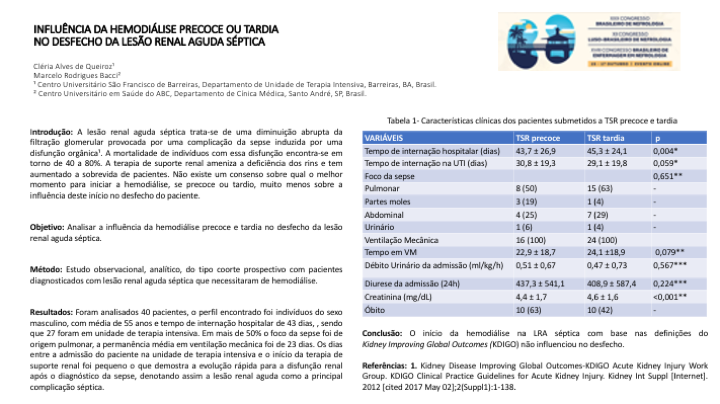 INFLUÊNCIA DA HEMODIÁLISE PRECOCE OU TARDIA NO DESFECHO DA LESÃO RENAL AGUDA SÉPTICA