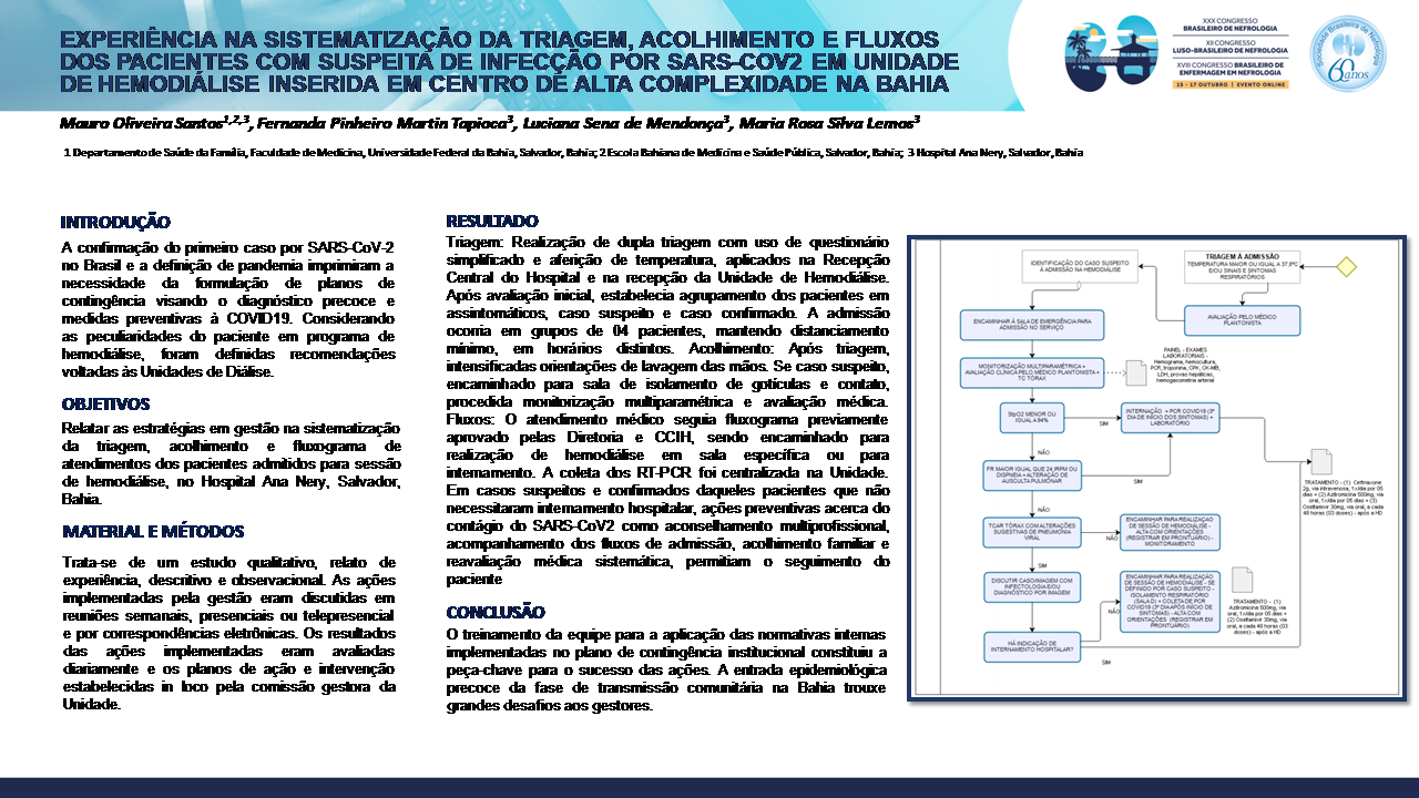 EXPERIÊNCIA NA SISTEMATIZAÇÃO DA TRIAGEM, ACOLHIMENTO E FLUXOS DOS PACIENTES COM SUSPEITA DE INFECÇÃO POR SARS-COV2 EM UNIDADE DE HEMODIÁLISE INSERIDA EM CENTRO DE ALTA COMPLEXIDADE NA BAHIA