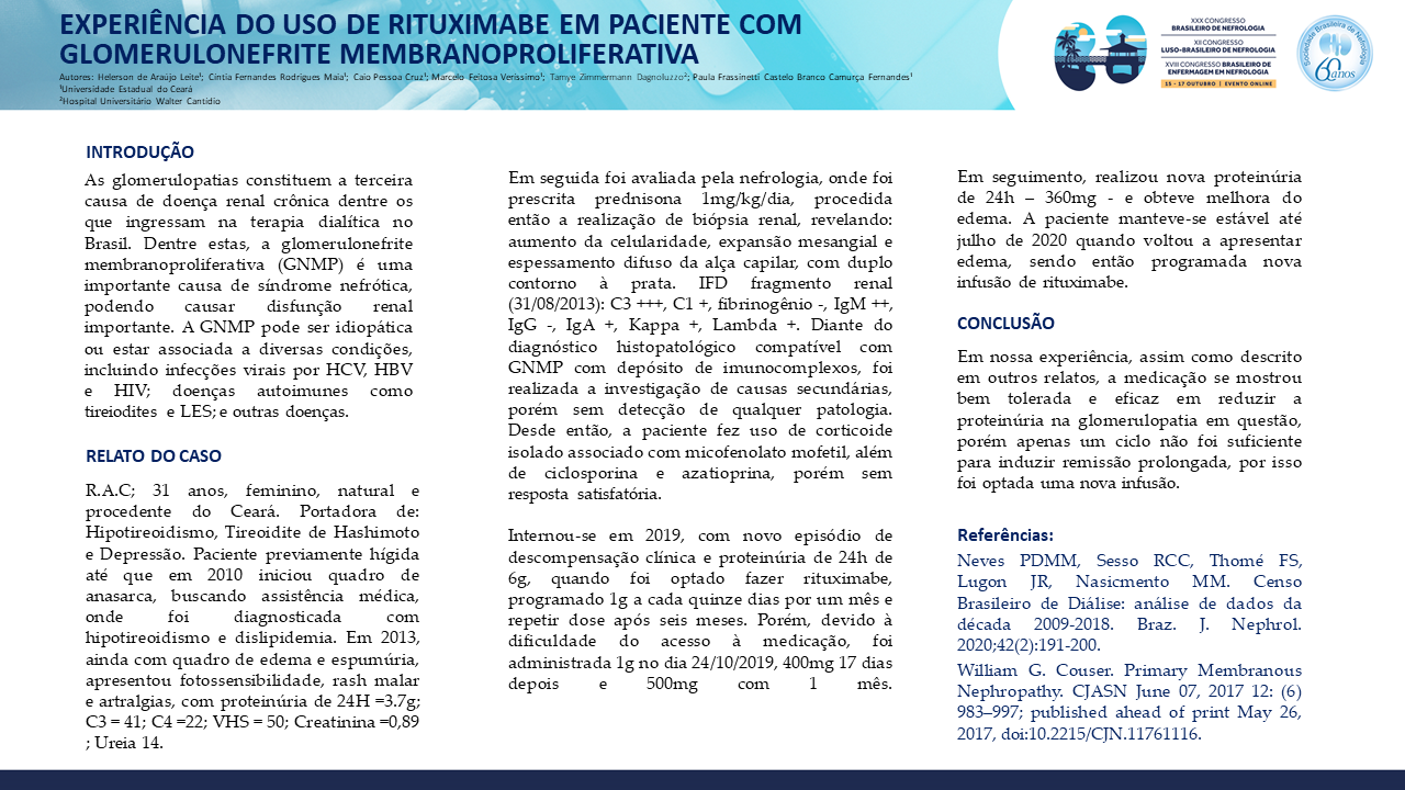 EXPERIÊNCIA DO USO DE RITUXIMABE EM PACIENTE COM GLOMERULONEFRITE MEMBRANOPROLIFERATIVA