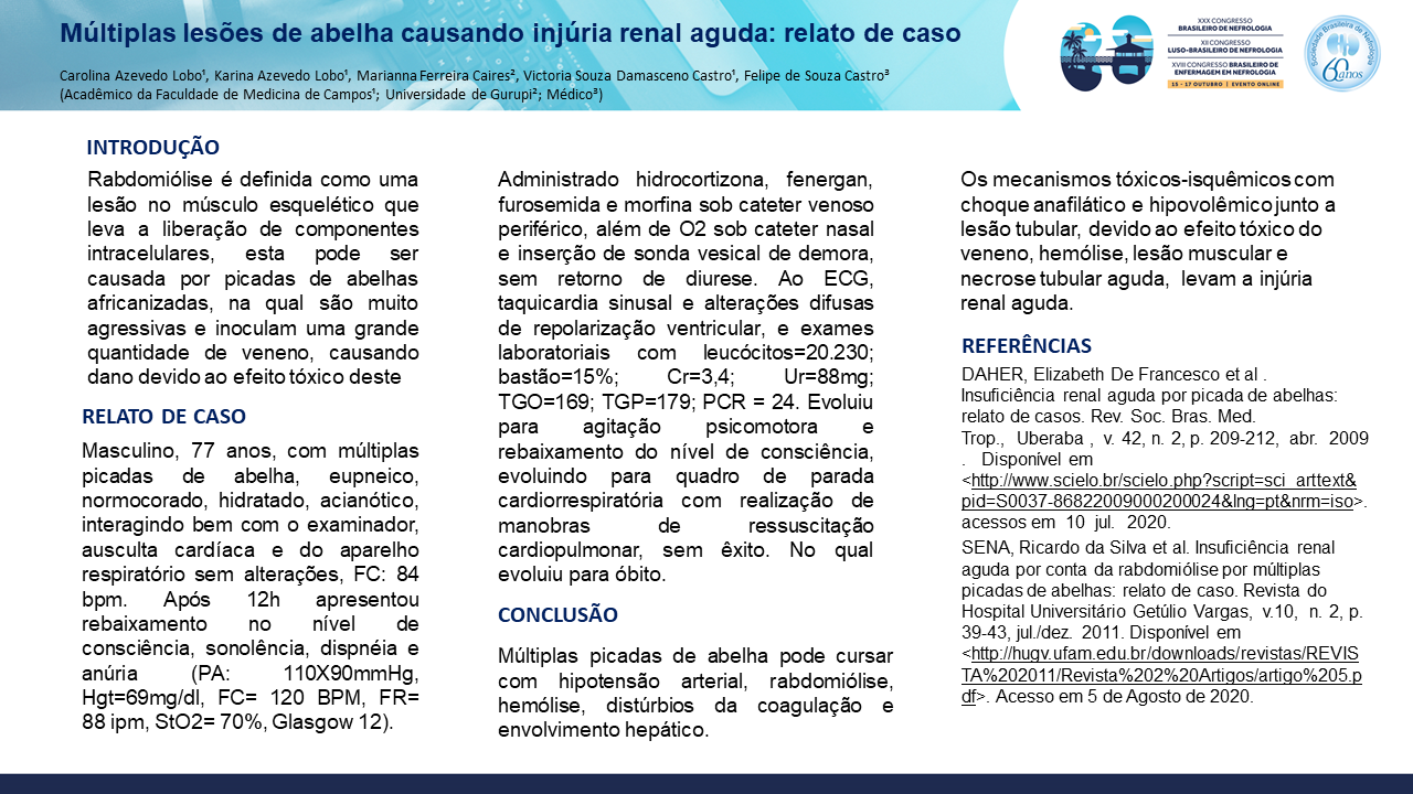 MÚLTIPLAS LESÕES DE ABELHA CAUSANDO INJÚRIA RENAL AGUDA: RELATO DE CASO